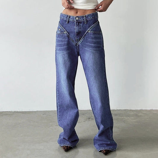 Popular Retro High Waist Straight Jeans for Women Autumn Mop Pants