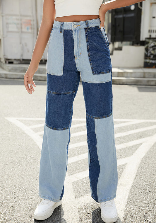 Street Straight Color Matching Jeans Women