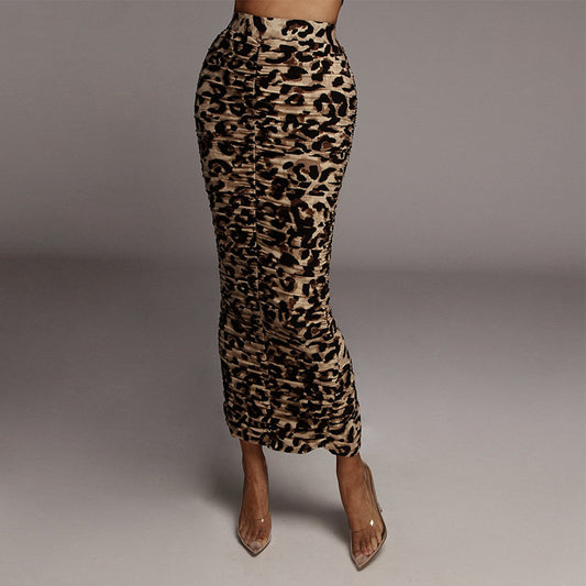 Autumn Winter High Waist Leopard-Print Skirt Sexy Tight Fold Split Mid-Length Skirt