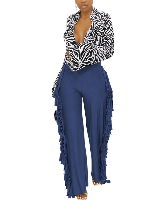 Women Brushed Cute Straight Wide-Leg Pants with Tassel on Both Sides