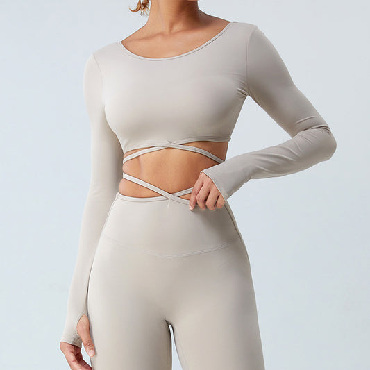 Autumn Winter Thin Strap Crossing Long Sleeve Yoga Wear Top Women Running Breathable Sports T shirt Tight Workout Clothes