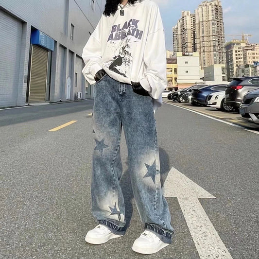 Wide Leg Pants Denim Pants Casual Printed All Matching Jeans Women Clothing