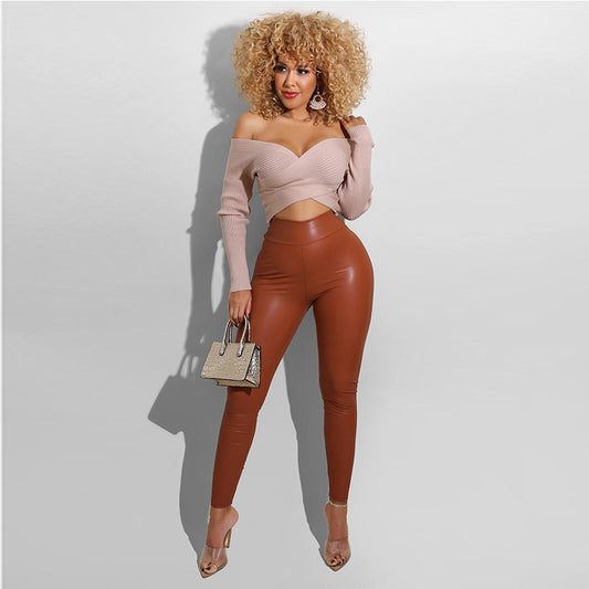 Women Clothing New Fashion Spring Solid Color Artificial Leather Trousers  (Pants Only)