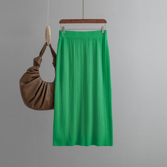 Back Slit Knitted Sunken Stripe Skirt Pure Color Elastic Waist Elastic Hip Elegant Slimming Wool Skirt Autumn